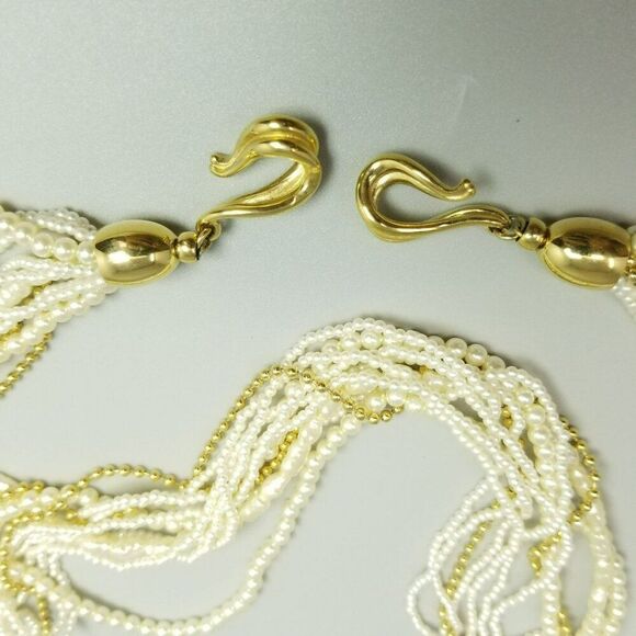 Vintage Faux Pearl and Gold Tone Multi Strand Long Beaded Necklace, Hook Clasp - Picture 4 of 7